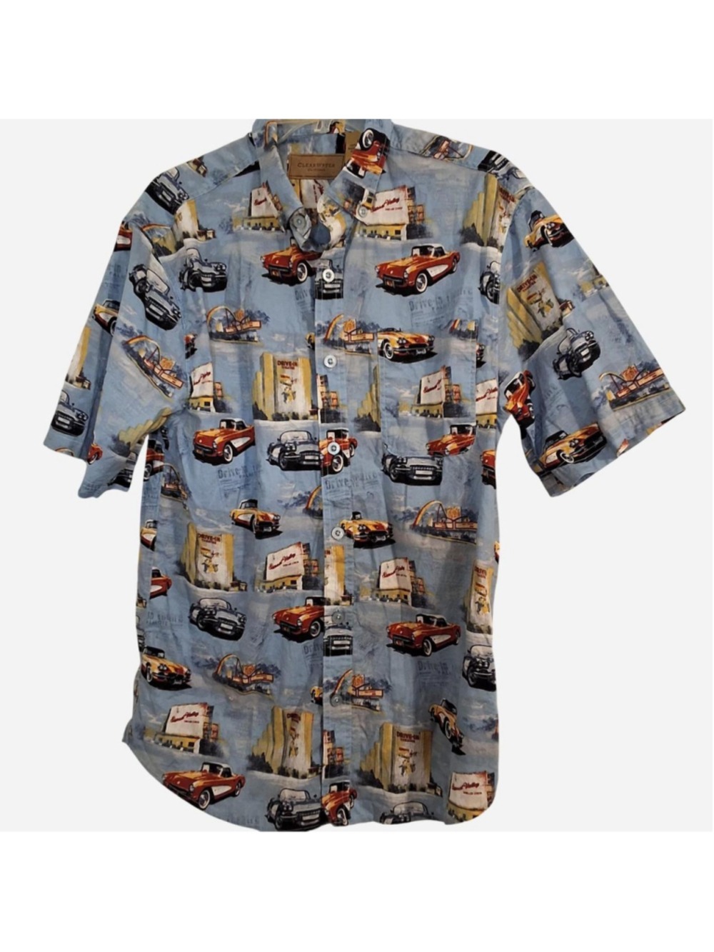 Sunset Valley blue button-up shirt vintage cars retro graphics cotton large